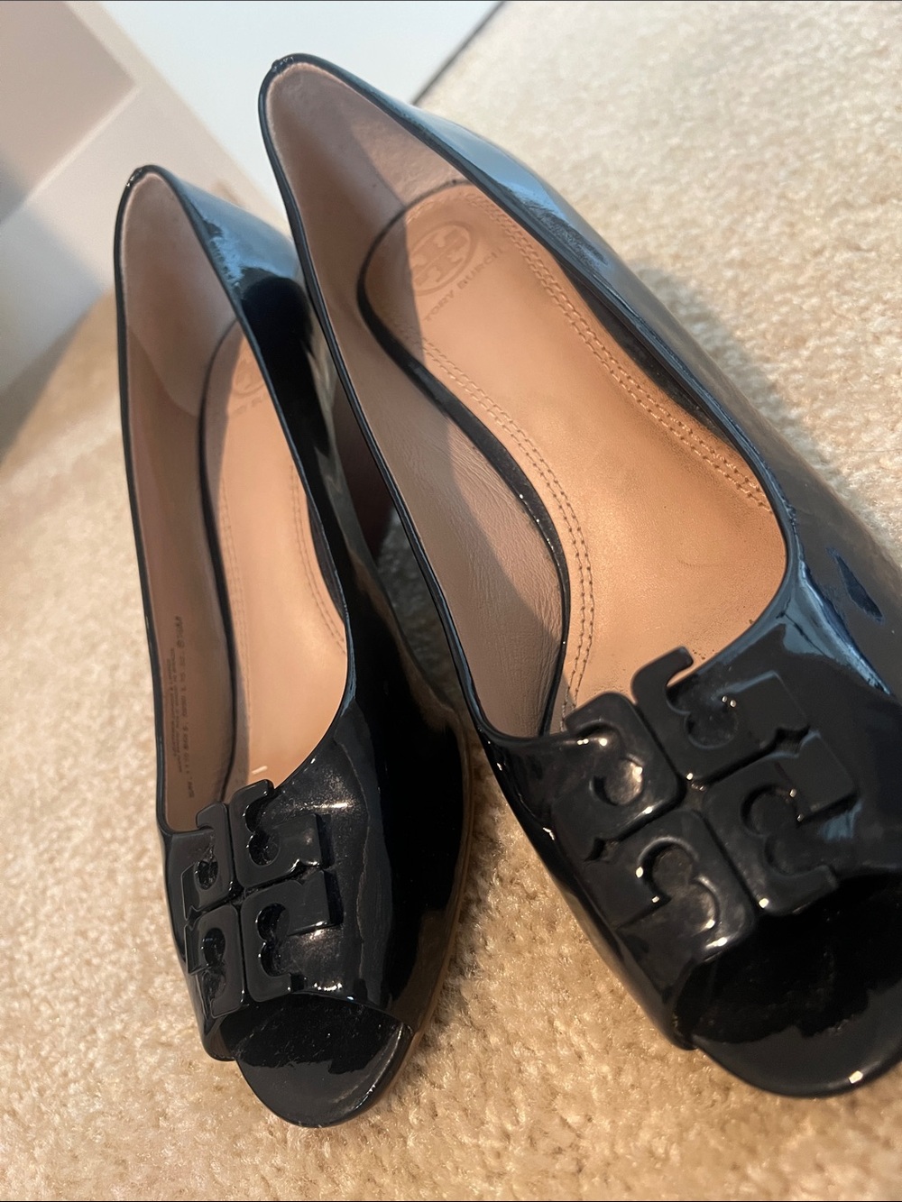 Tory Burch Black Patent Peep-Toe Wedge Flats